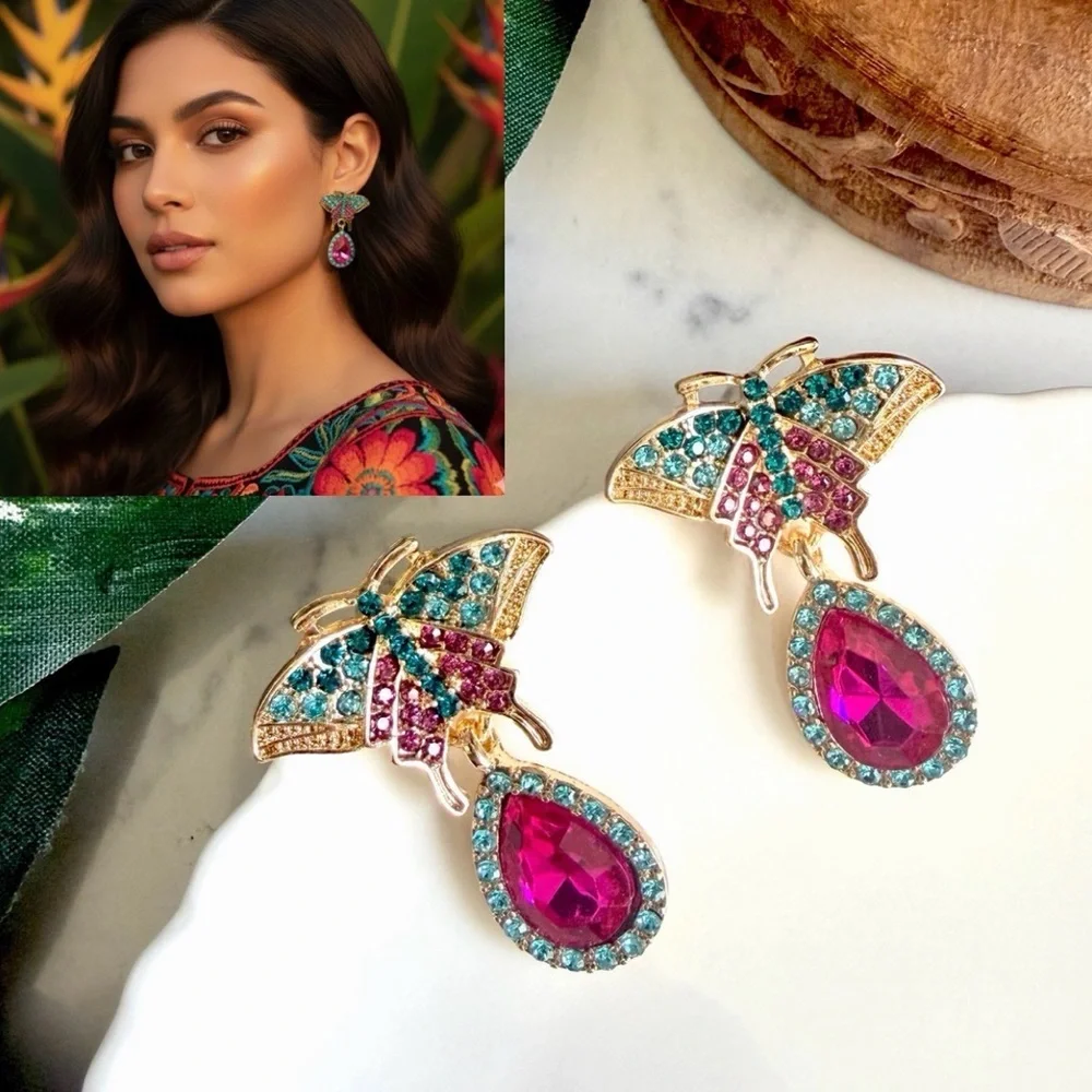 2/$30🌵 Vintage Style Butterfly Moth Teal Pink Rhinestone Earrings Ornate Gift